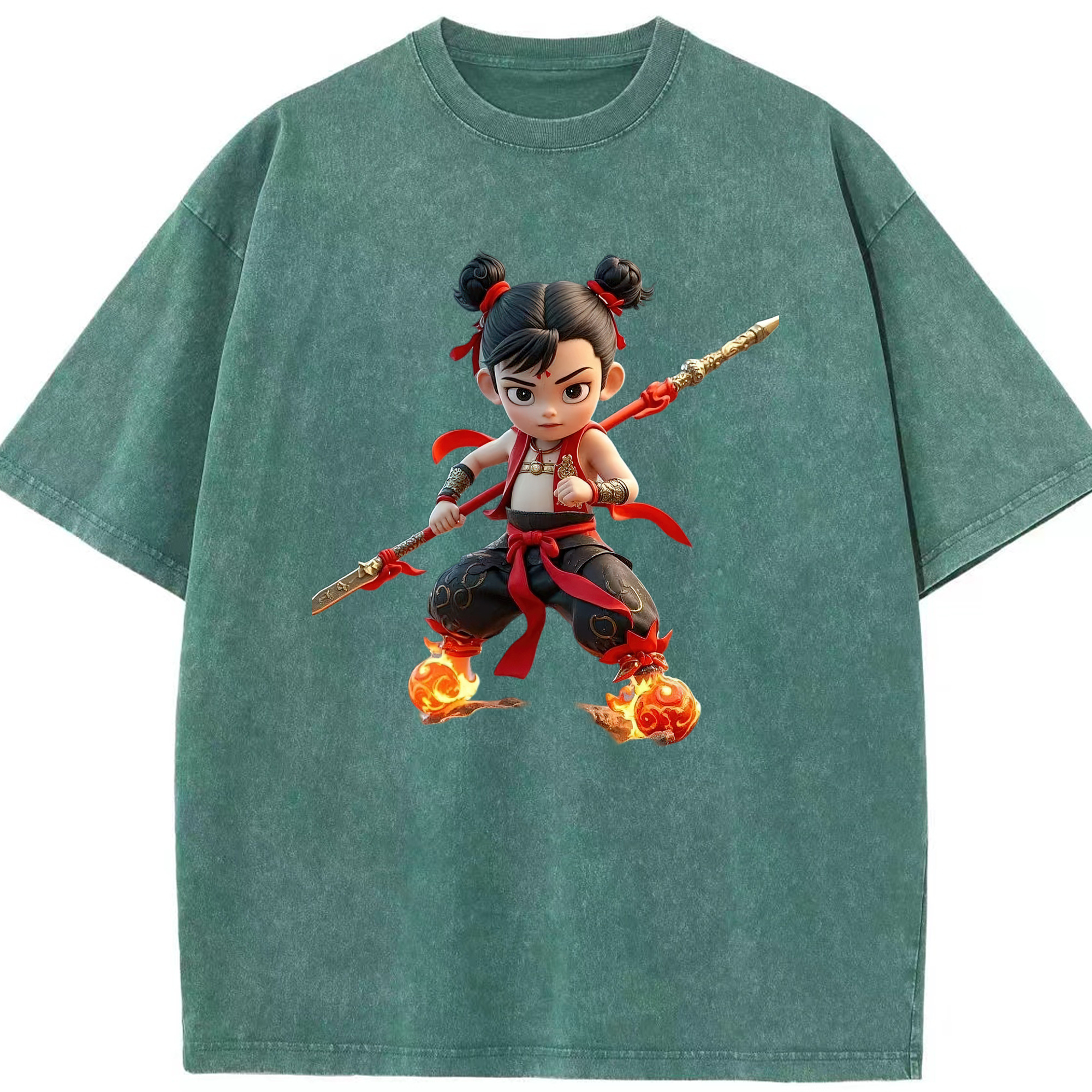（画像用） Ne Zha 2 ナタ 魔童の大暴れ 綿100% ヴィンテージ風 半袖Tシャツ（フロントプリント）
